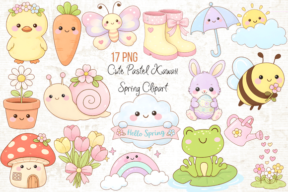 Cute Pastel Kawaii Spring Clipart PNG: A Versatile Digital Design Resource