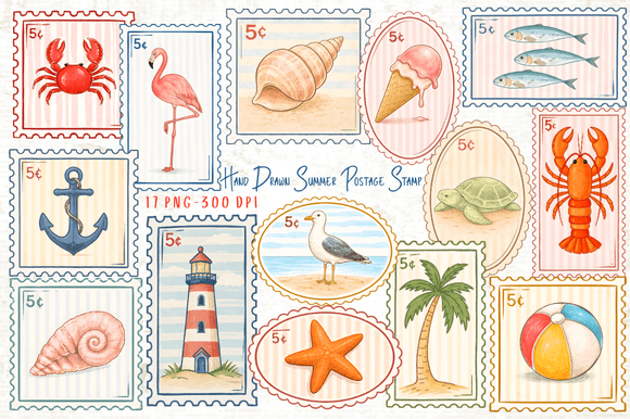 Hand Drawn Summer Postage Stamp Clipart: A Versatile Design Resource for Creative Projects