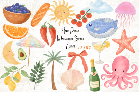Hand Drawn Watercolor Summer Clipart PNG