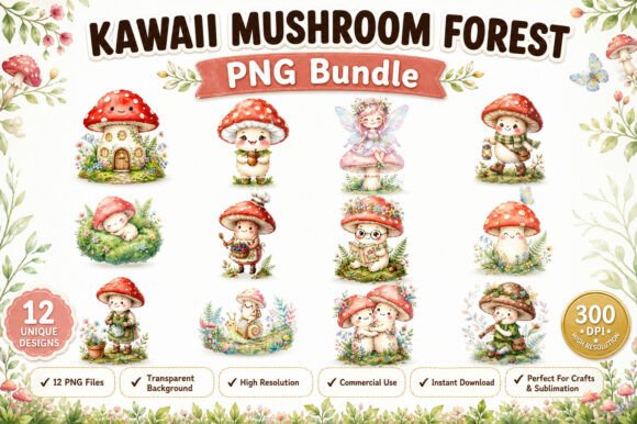 Kawaii Mushroom Forest PNG Bundle: A Whimsical Design Resource for Creative Projects