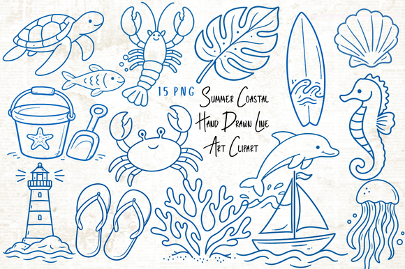 Summer Coastal Hand Drawn Line Art PNG