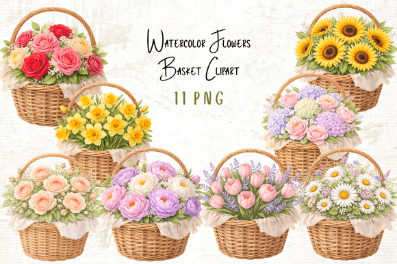Watercolor Flowers Basket Clipart PNG